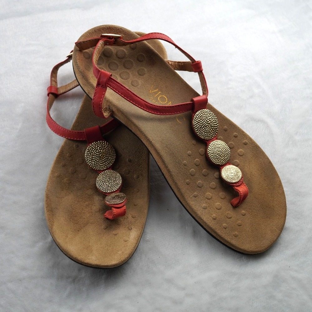 Vionic‎ Coral Red Gold Medallion T-Strap Sandals Orthotic Size 8